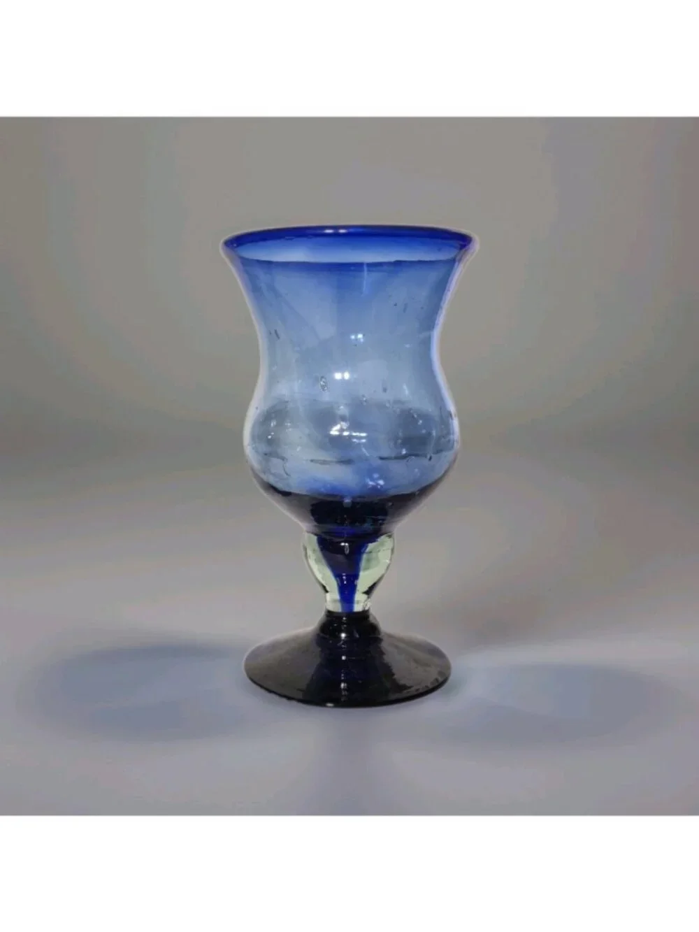 Set Of (2) Mexican Hand Blown Cobalt Blue Stemmed Bar Glasses Thick 6 oz